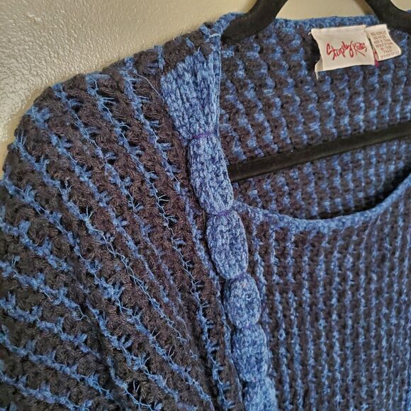 Vintage Y2K Sweater Blue Black Knit Chenille Accents Dolman Sleeves *READ* - Picture 5 of 12